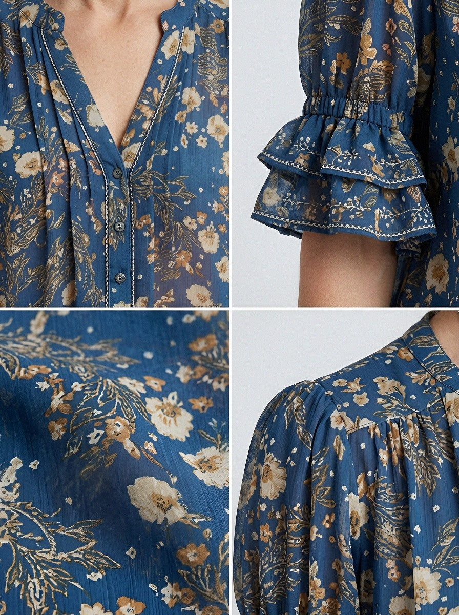 Women's Western Vintage Floral Ruffle Sleeve Printed Top