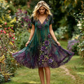 Women's Retro Floral Embroidery Gradient Pattern V-neck Short Dress