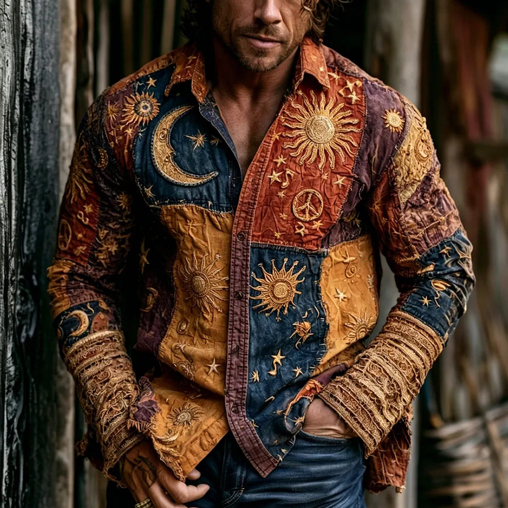 Men's Hippie Sun Moon Stars And Peace Symbol Art Patchwork Comfortable Linen Long-sleeve Shirt