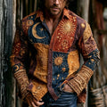 Men's Hippie Sun Moon Stars And Peace Symbol Art Patchwork Comfortable Linen Long-sleeve Shirt