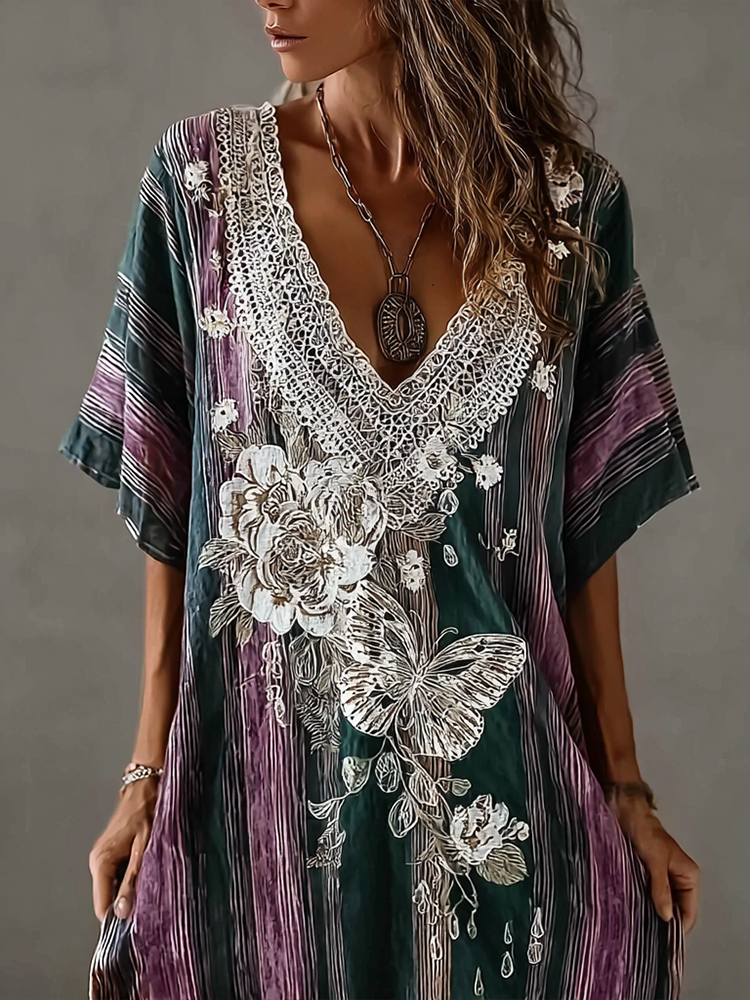 Butterfly Flower Lace Embroidery Patchwork Striped Design Women's Summer Linen Dress