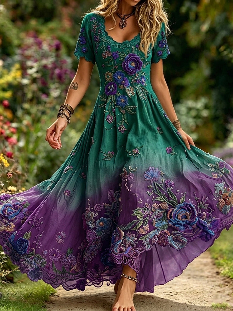 Women's Retro Bohemian Rose Gradient V-neck Dress