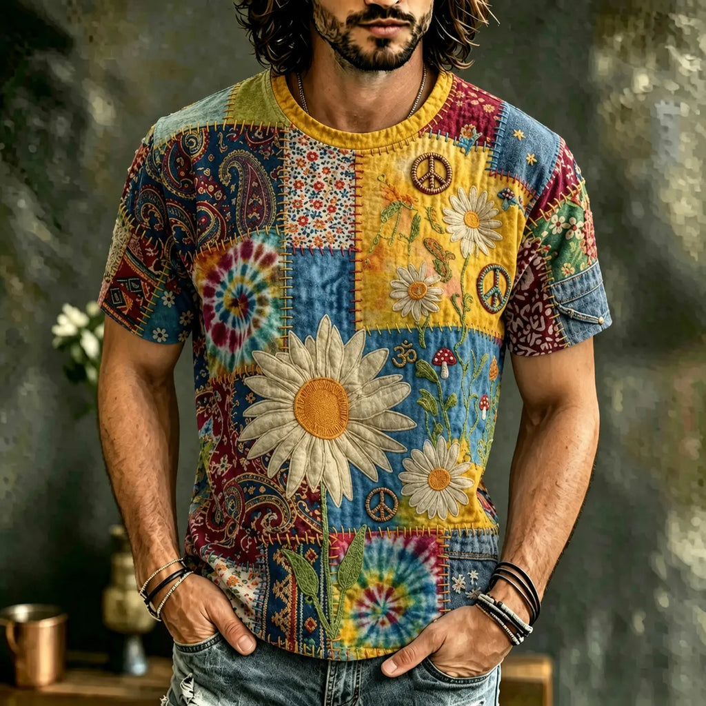 Men's Retro Hippie Patchwork Floral Art Crew Neck Short Sleeve Casual T-shirt