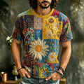 Men's Retro Hippie Patchwork Floral Art Crew Neck Short Sleeve Casual T-shirt