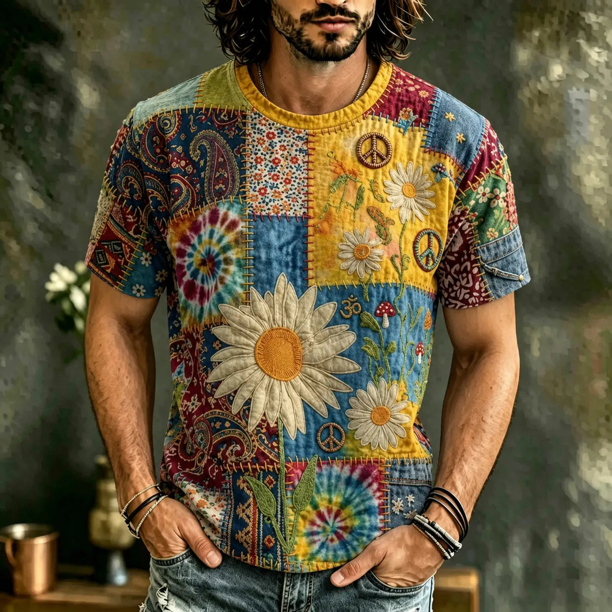 Men's Retro Hippie Patchwork Floral Art Crew Neck Short Sleeve Casual T-shirt