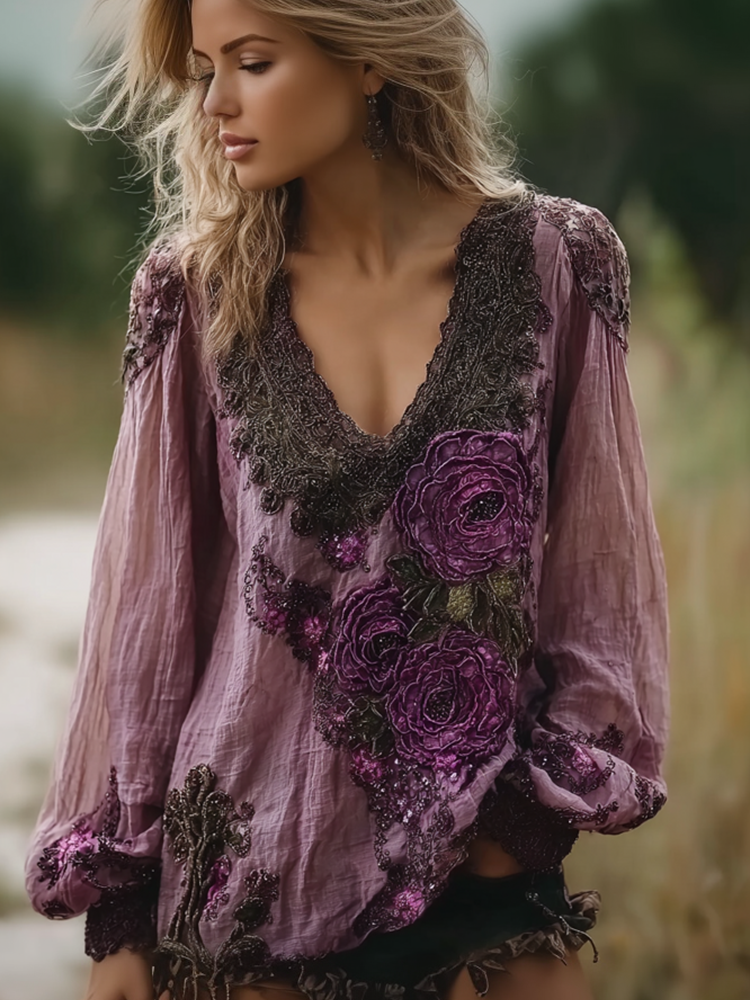 Vintage Purple Rose Design Summer V-neck Long-sleeved Linen Top