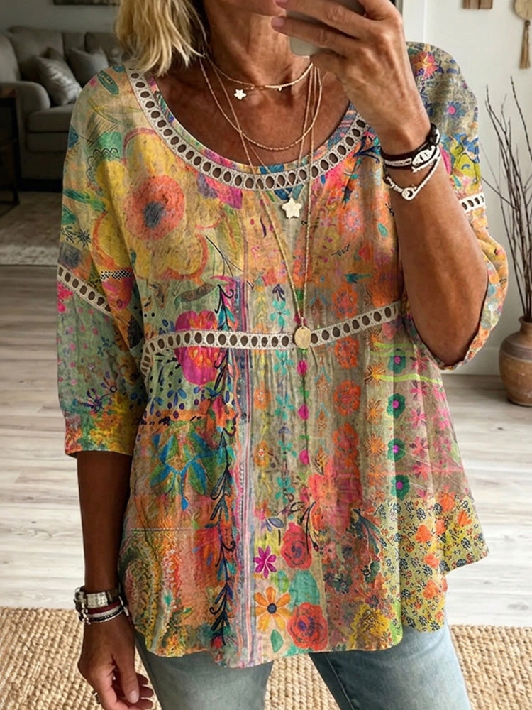 Women's Retro Floral Patchwork Casual Mid-sleeve Top