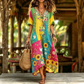Women's Hippie Dove Guitar Floral Patchwork Vacation V-neck Cotton Linen Maxi Dress