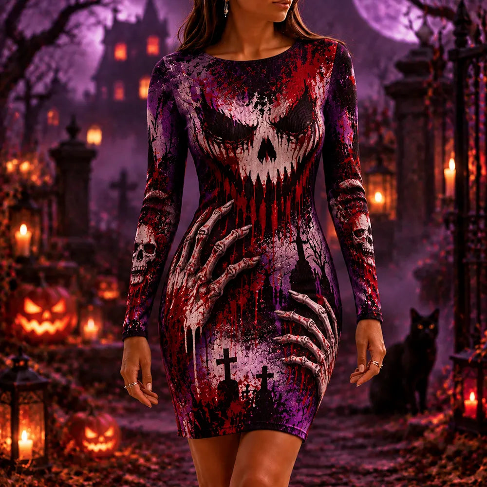 Women's Halloween Purple Skull & Skeleton Hands Bodycon Mini Dress