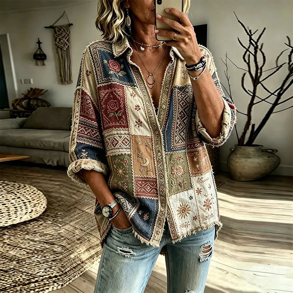 Women's Vintage Colorful Floral Art Patchwork Embroidered Linen Blend Comfortable Shirt
