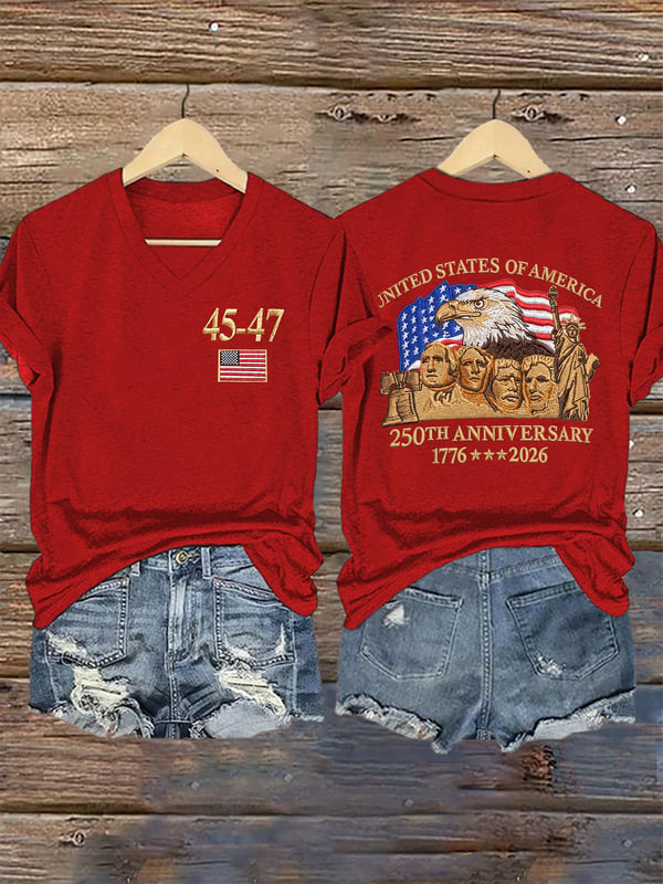 45-47 250th Anniversary 1776-2026 Pattern Print V Neck Casual T-Shirt