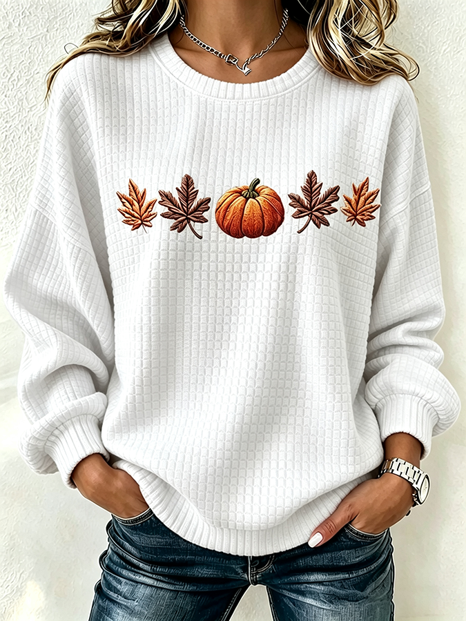 Women's Pumpkin Print Crew Neck Check Sweatshirt