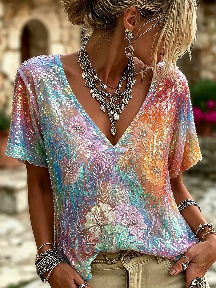 Iridescent Rainbow Sequin Floral Embroidery Mesh V-neck Blouse For Women, Sparkly Multicolor Rhinestone Short Sleeve Bohemian Party Vacation Top