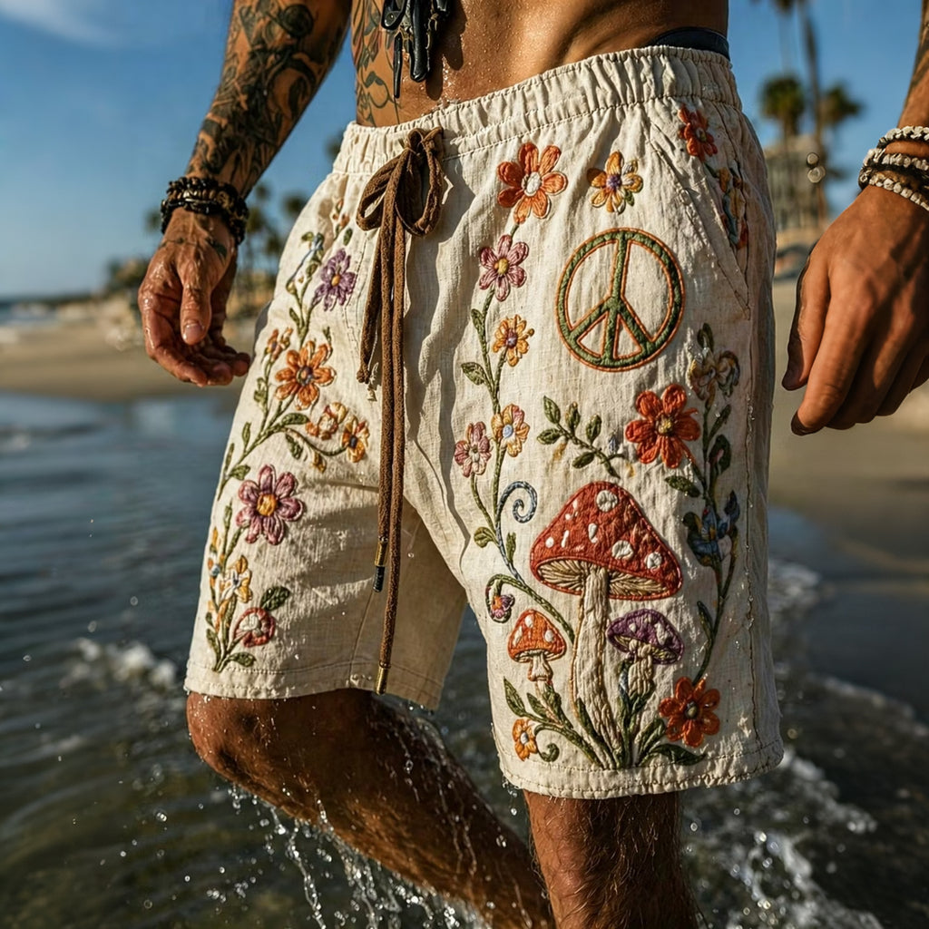 Men's Colorful Hippie Sun And Mushroom Pattern Casual Linen Blend Shorts