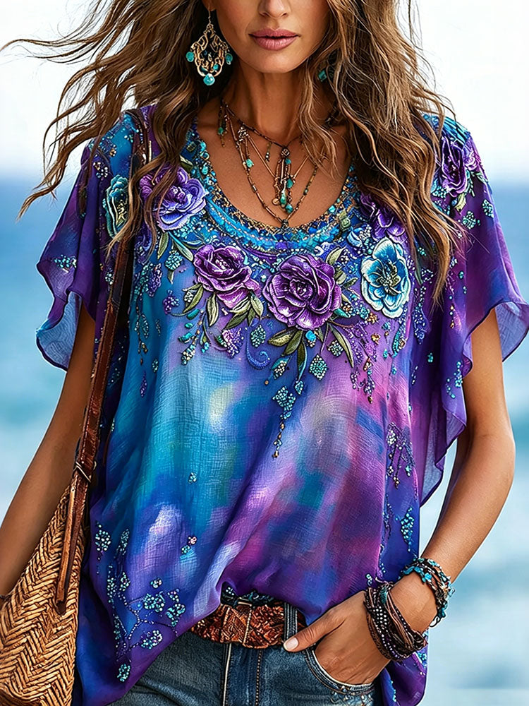 Women's Vintage Romantic Floral Art Linen Blend Short Sleeve Tops