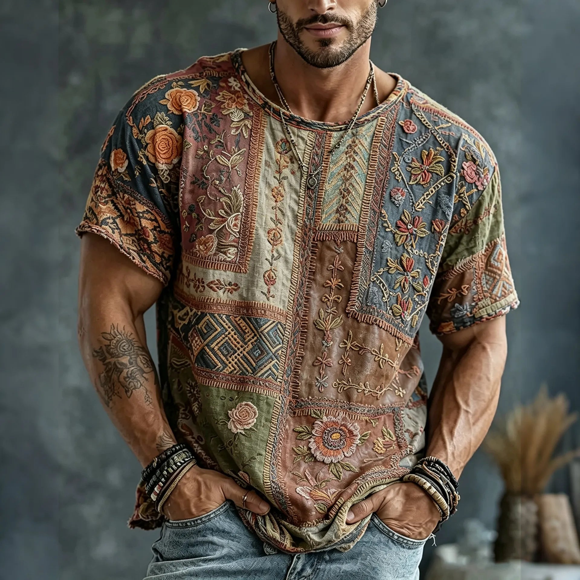 Men's Vintage Floral  Patchwork Embroidered Art Print Flowy Linen Blend Casual Tshirt