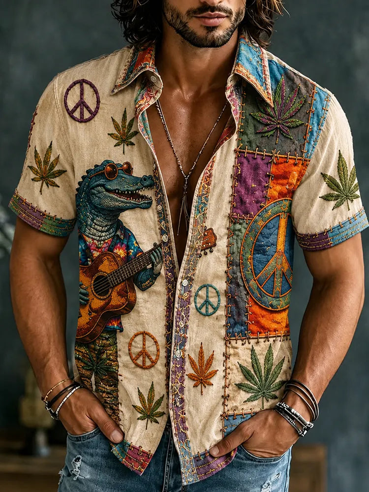Men's Hippie Fun Crocodile Playing Guitar Art Print Casual Shirt