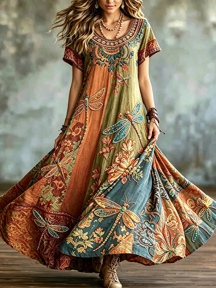 Women's Vintage Hippie Floral And Dragonfly Pattern Art Embroidered Linen Blend Maxi Dress