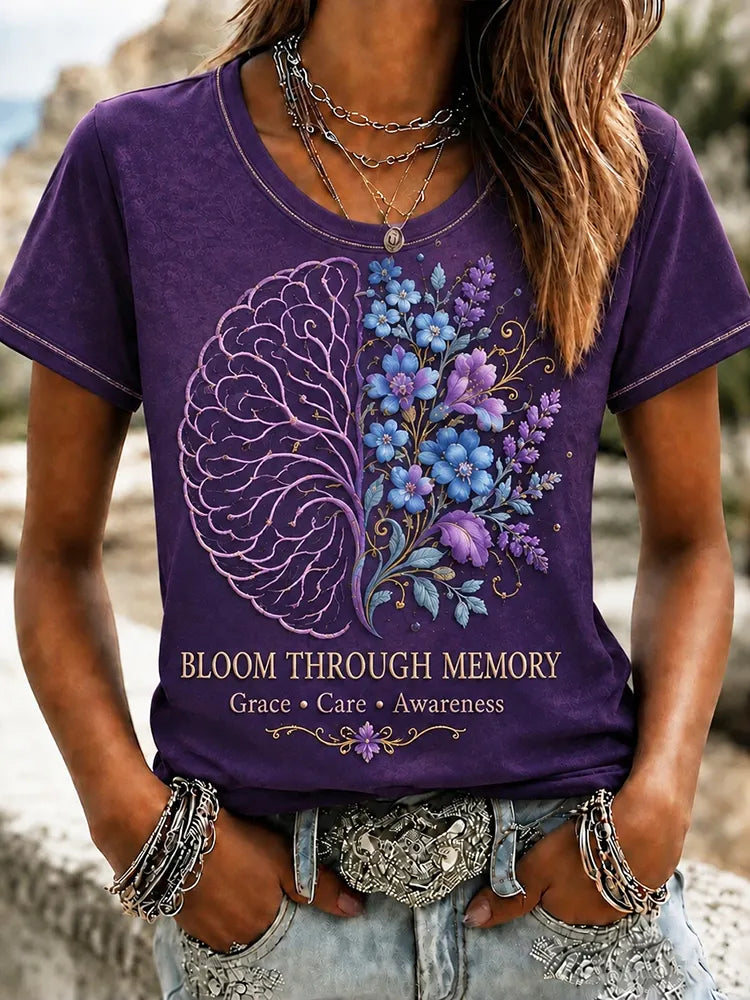 Women's Alzheimer's Awareness Bloom Through Memory Floral Art Printed T-shirt