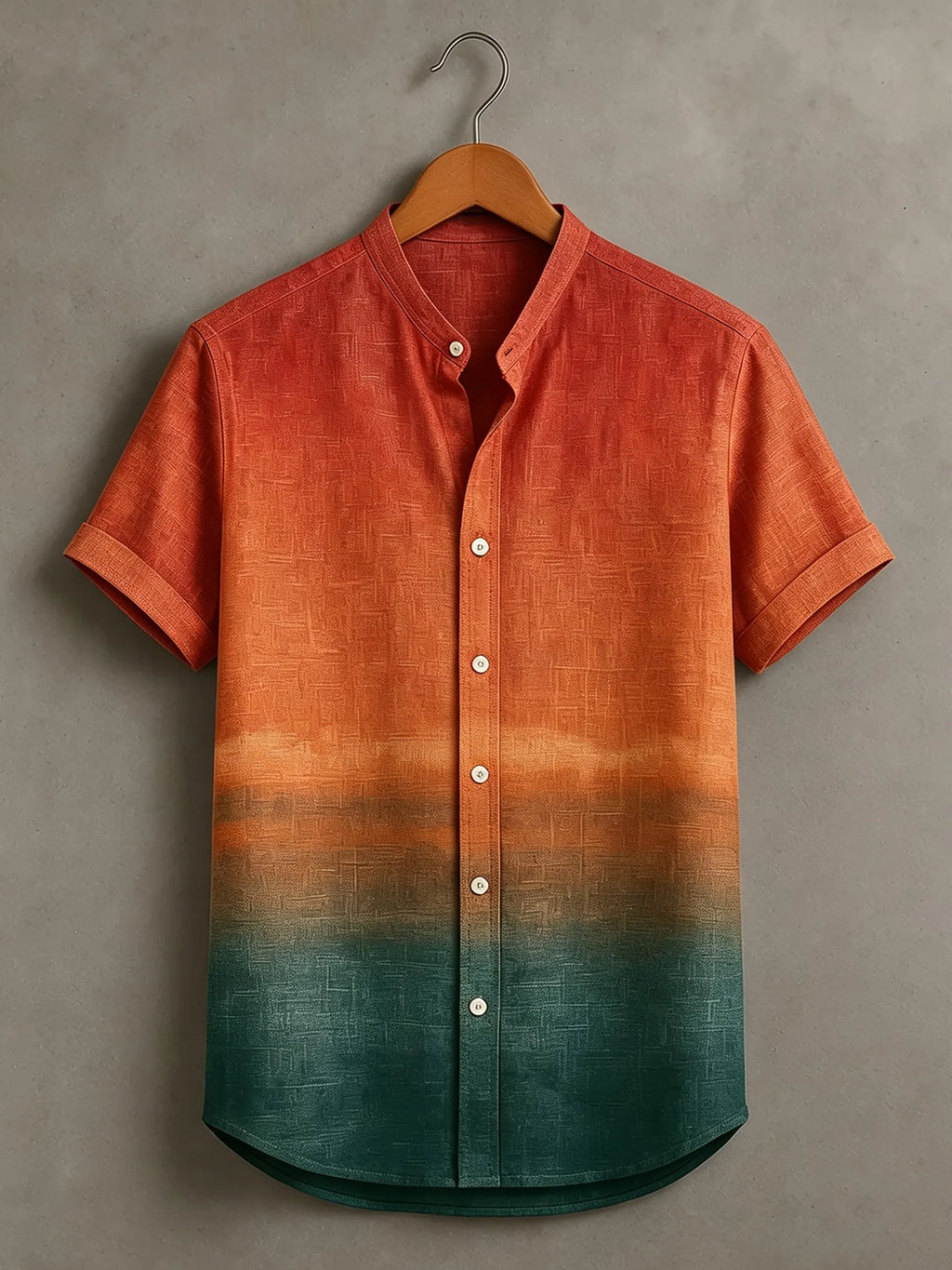 Abstract Geometric Sunset Gradient Ombre Rust Teal Art Print Men's Short Sleeve Button Up Shirt