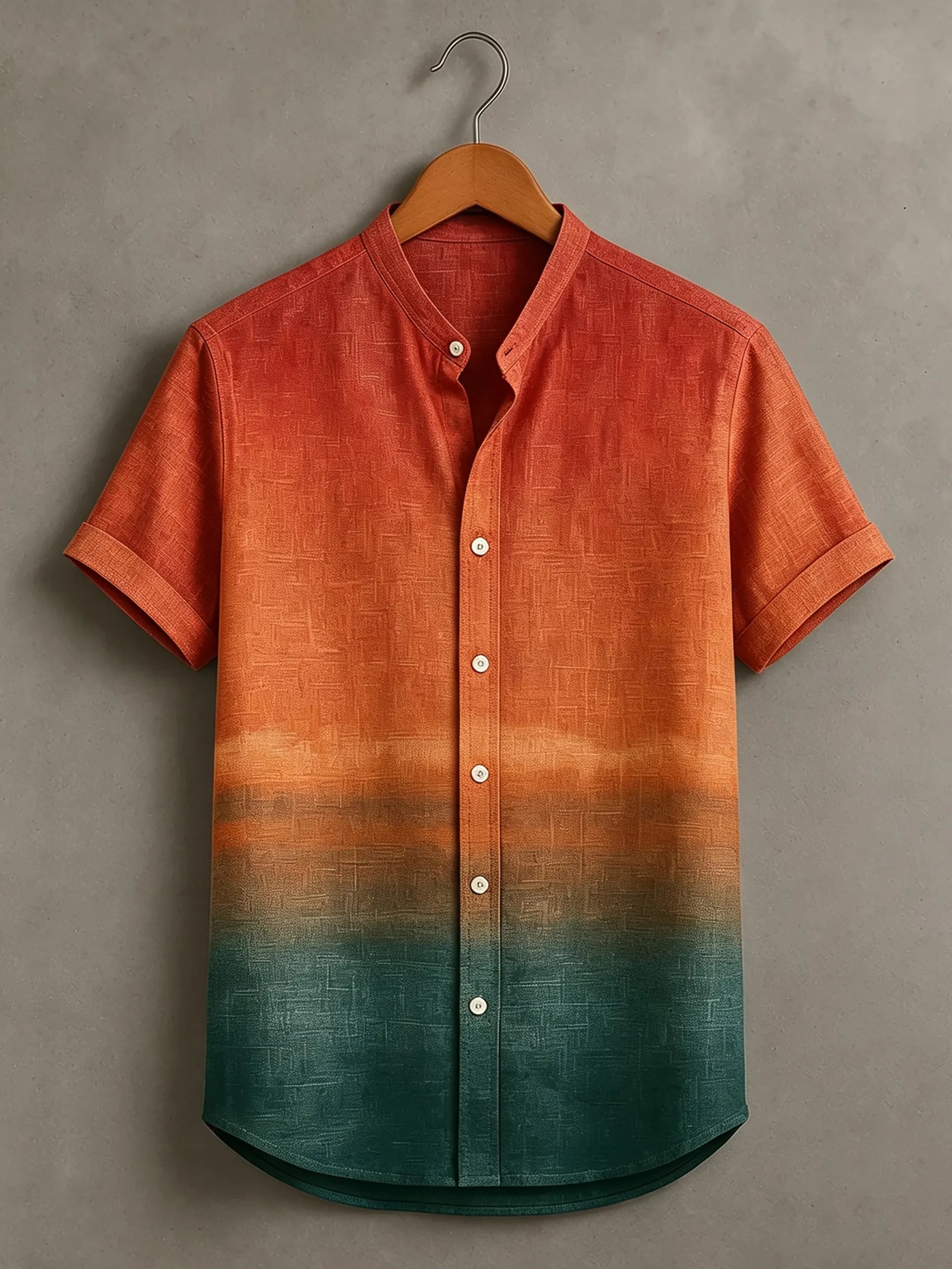 Abstract Geometric Sunset Gradient Ombre Rust Teal Art Print Men's Short Sleeve Button Up Shirt
