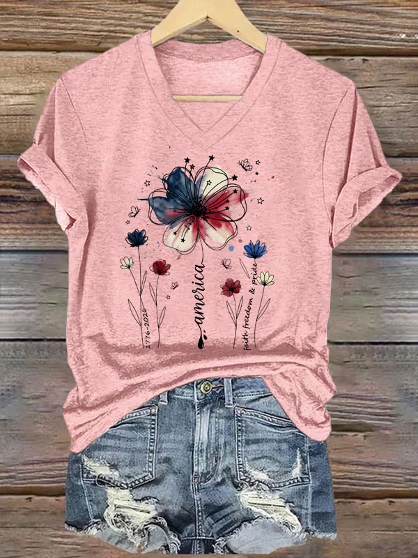 America1776-2026 Faith Freedom Pride Pattern Print V Neck Casual T-Shirt