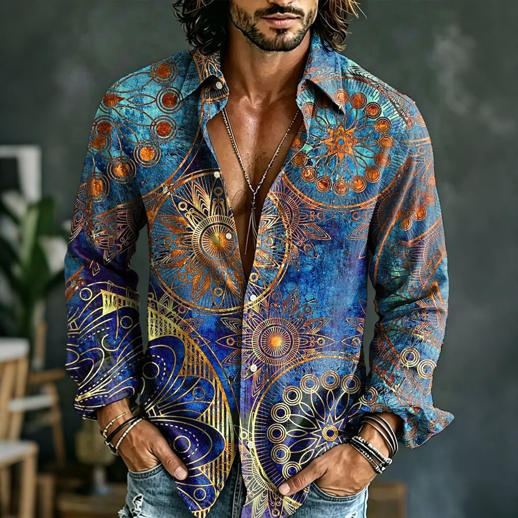 Men's Hippie Art Print Long Sleeves Linen Shirt