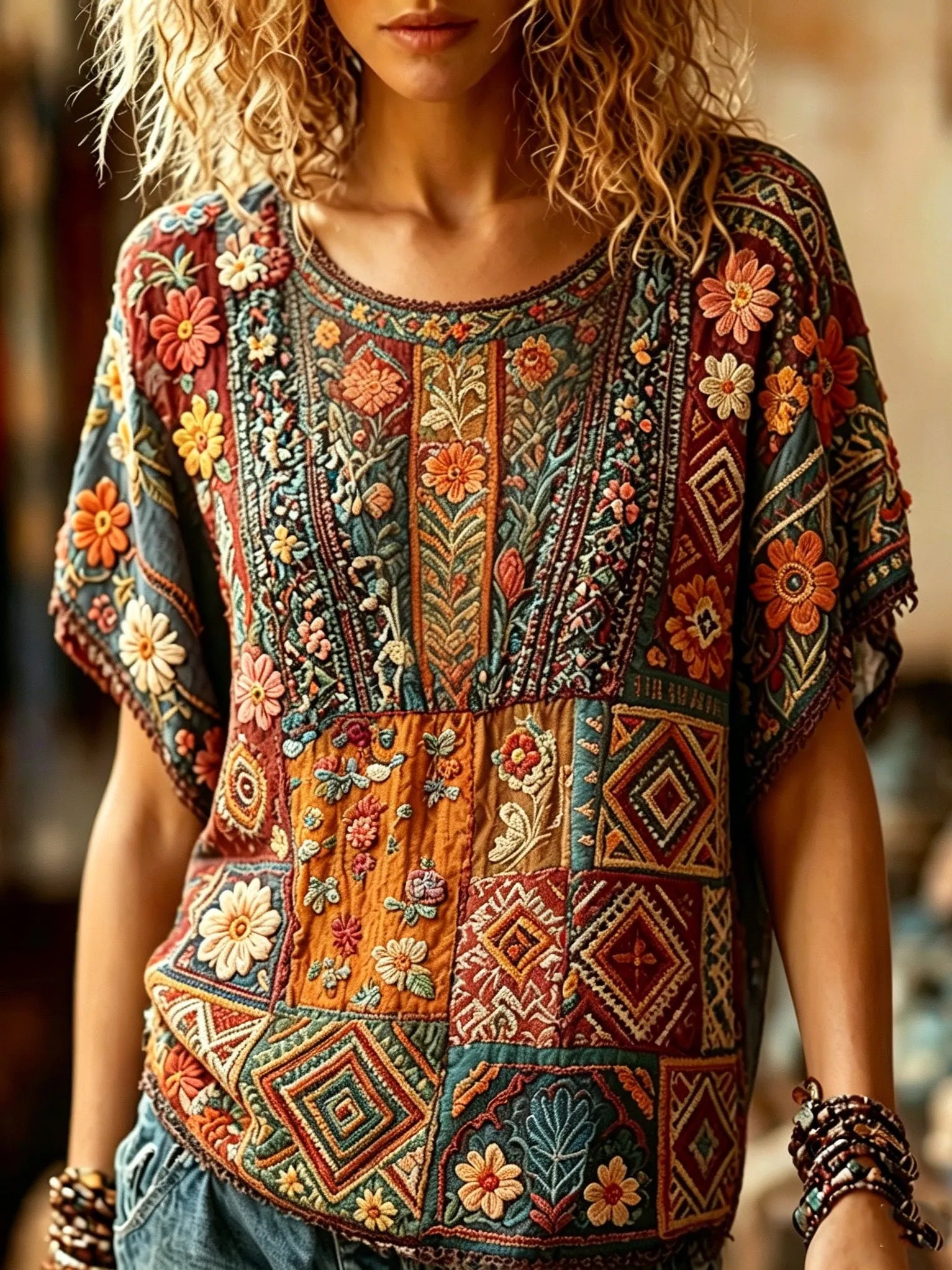 Women's Retro Hippie Style Floral Embroidery Patchwork Print Top
