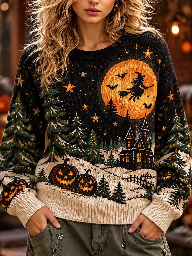 Women's Vintage Halloween Witch Pumpkin Sweater