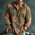 Men's Retro Floral  Patchwork Embroidered Art Print Flowy Linen Blend Casual  Hooded Shirt