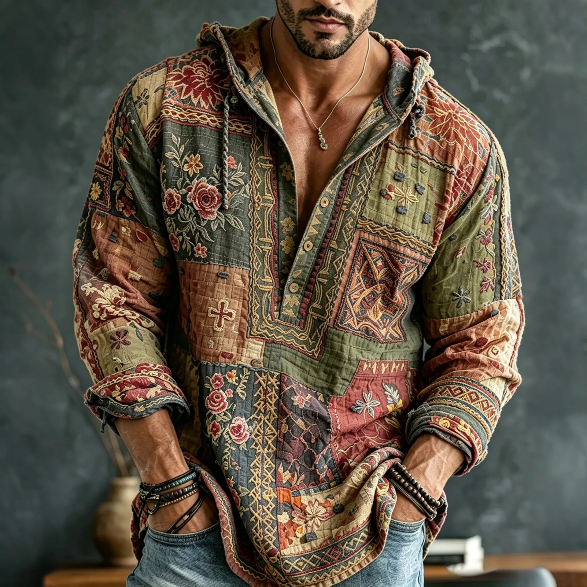 Men's Retro Floral  Patchwork Embroidered Art Print Flowy Linen Blend Casual  Hooded Shirt