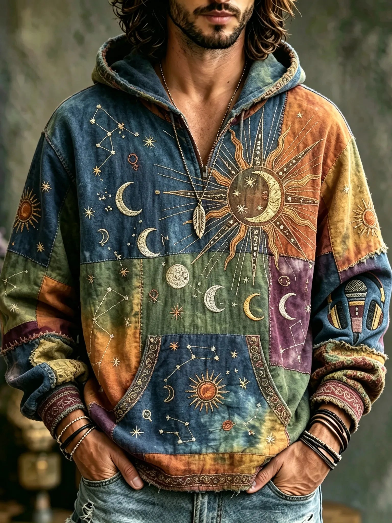 Men's Tie-dye Color-blocked Sun, Moon And Stars Hippie Print Hoodie