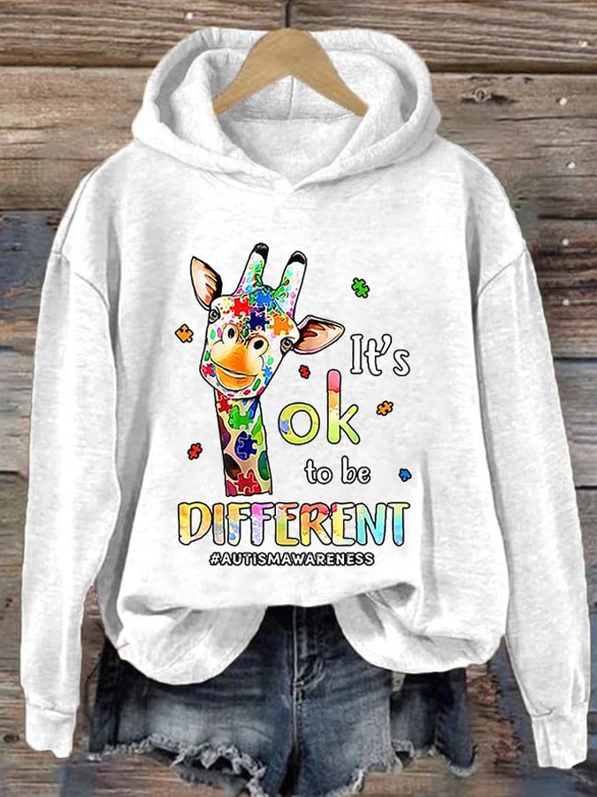 Retro Autism Awareness Giraffe It's Ok To Be Different Print Hoodie