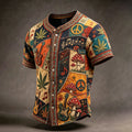 Men's Color-blocked Retro Ethnic Print Short-sleeved Cotton And Linen Shirt