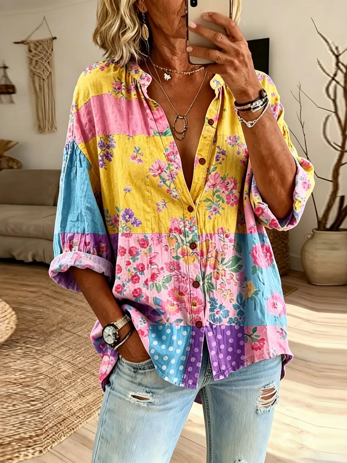 Women's Floral Hippie Vibes Art Print Flowy Linen Blend  Linen Tops