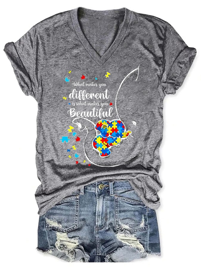 V-neck Autism Awareness What Makes You Different Print T-Shirt
