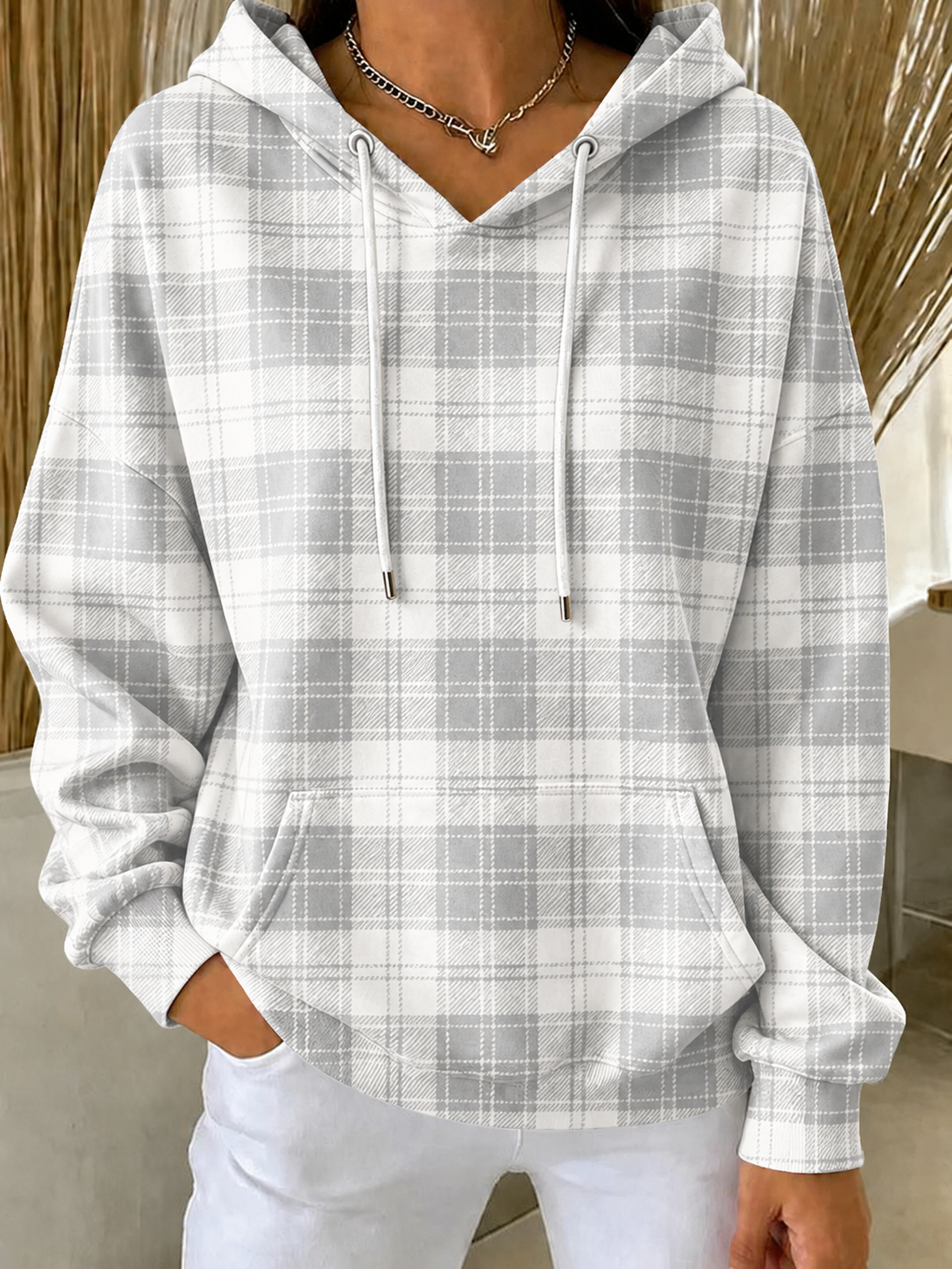 Women'S Retro Breast Cancer Awareness Plaid Art Print Long Sleeve Hoodie