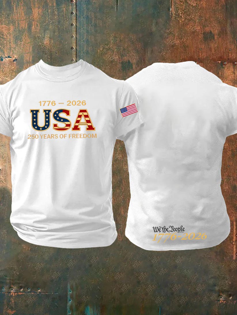 1776-2026 USA 250th Years Of Freedom Pattern 100% Cotton T-Shirt