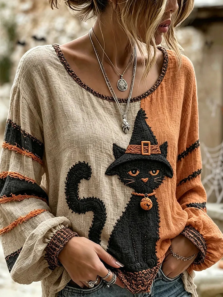 Women's Retro Halloween Wizard Cat Art Embroidered Linen Blend Round Neck Long Sleeve Tops