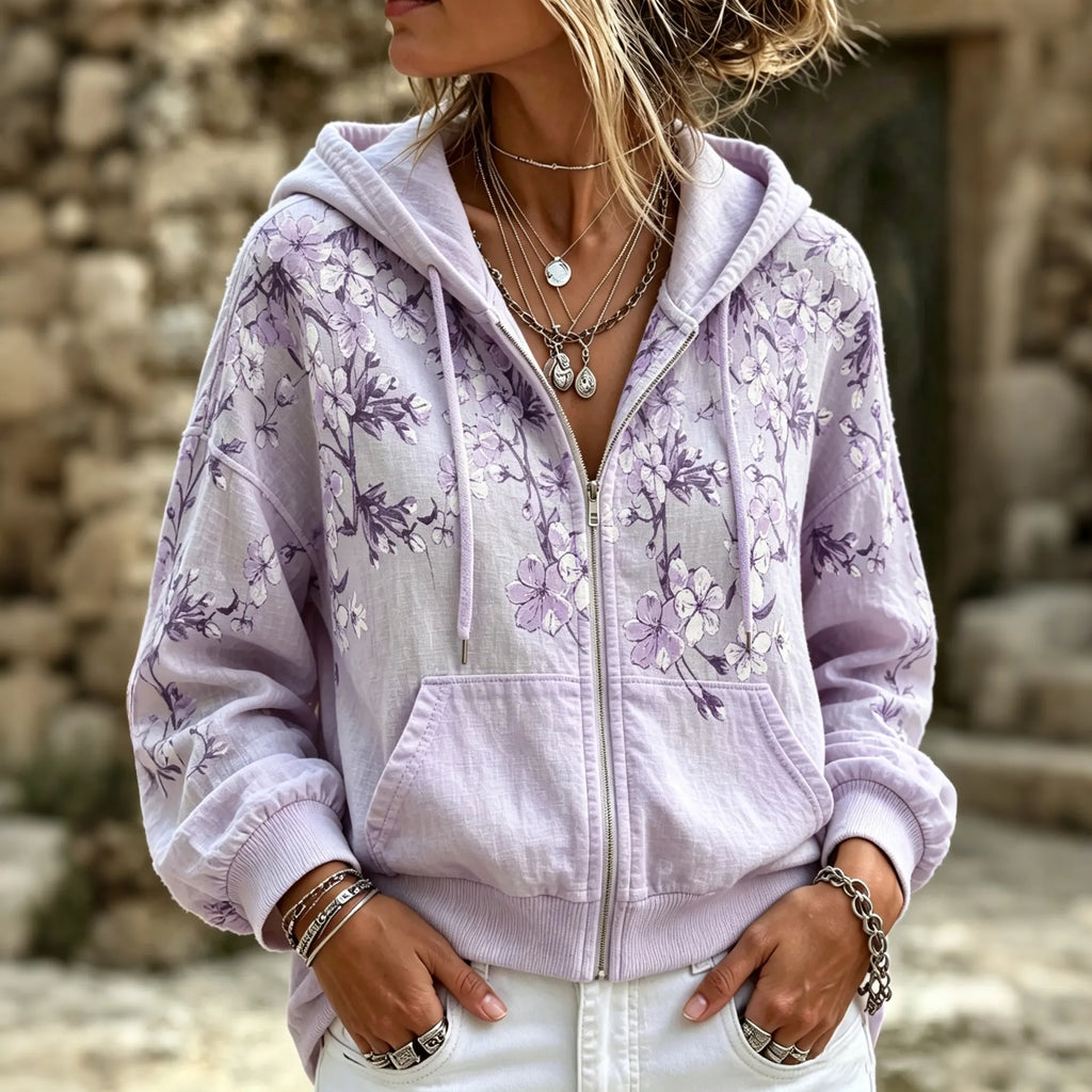 Women's Retro Floral Design Zip-up Hoodie