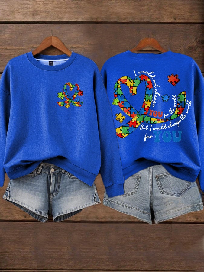 Women's In April We Wear Blue Autism Awareness Printed Sweatshirt