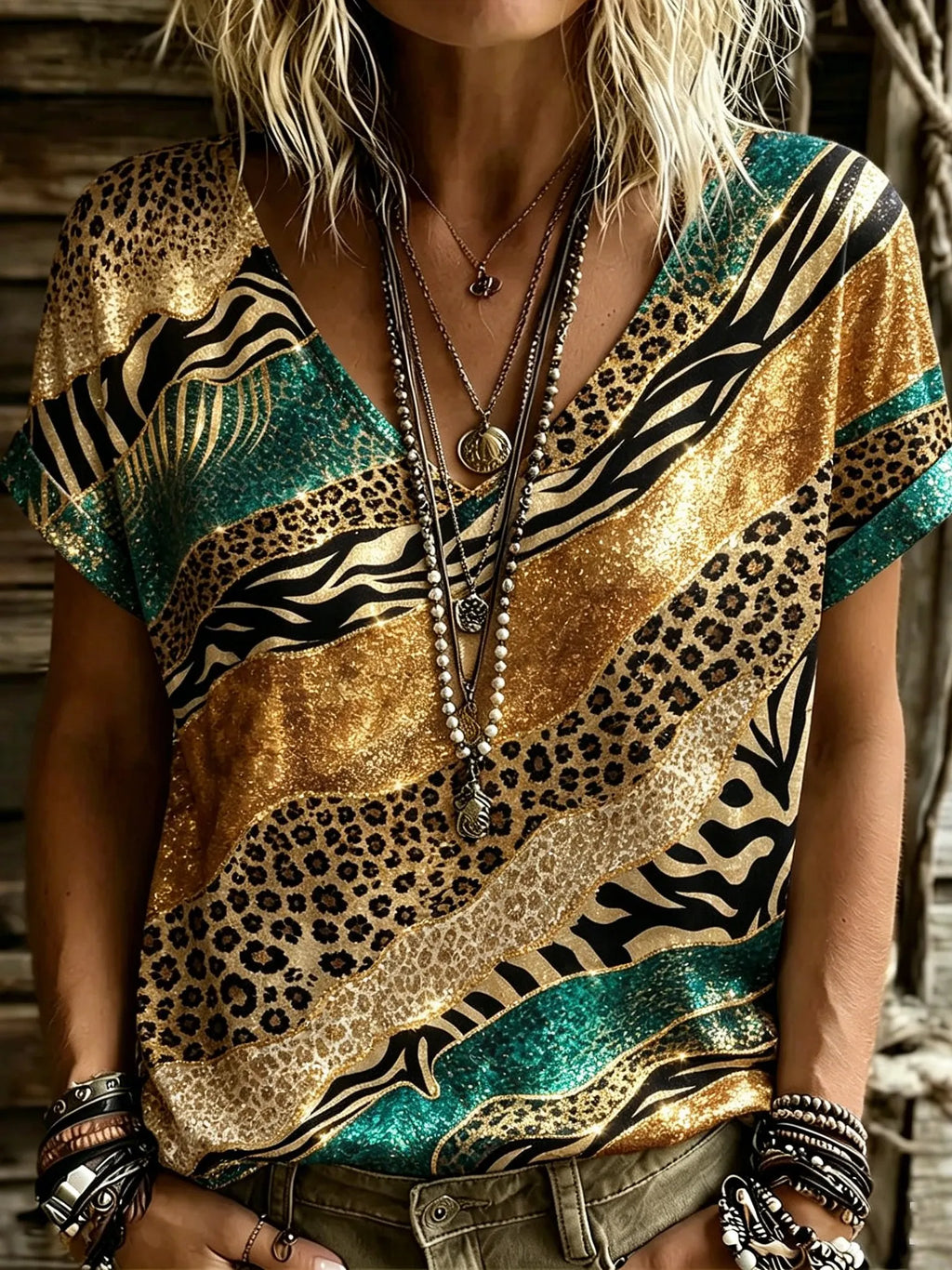 Women's Retro Leopard Print V-neck T-shirt