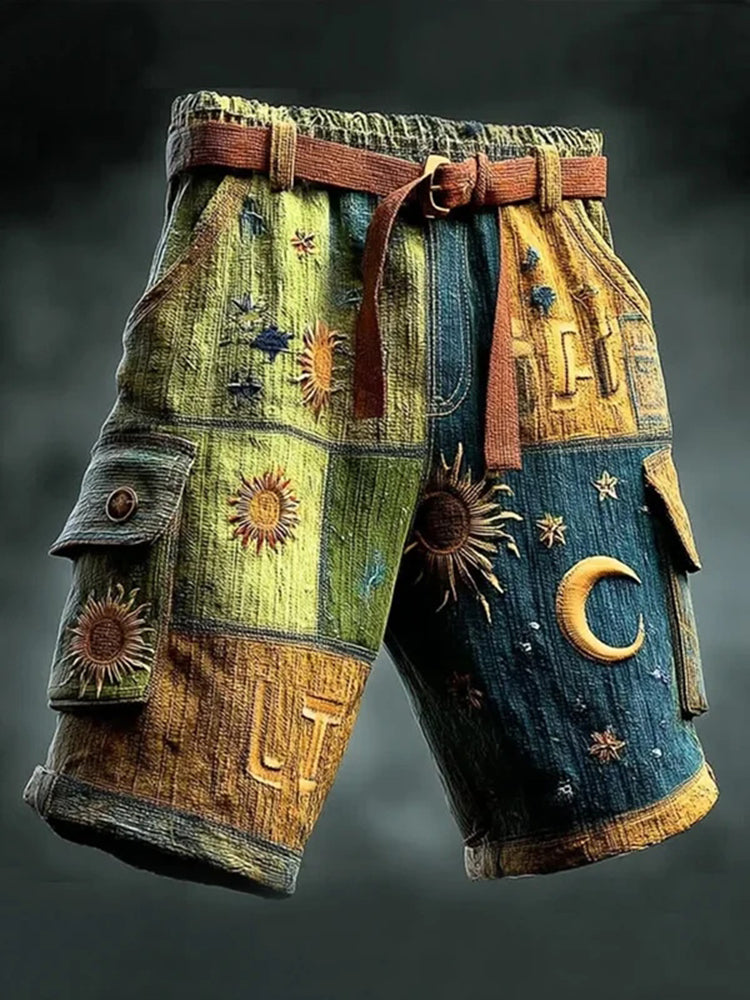 Men's Patchwork Sun Moon Star Boho Art Print Casual Cargo Shorts(no Belt)