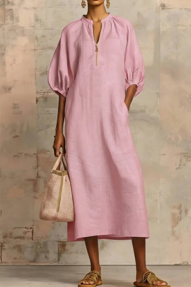 Stylish Zippered Loose Linen-cotton Midi Dress