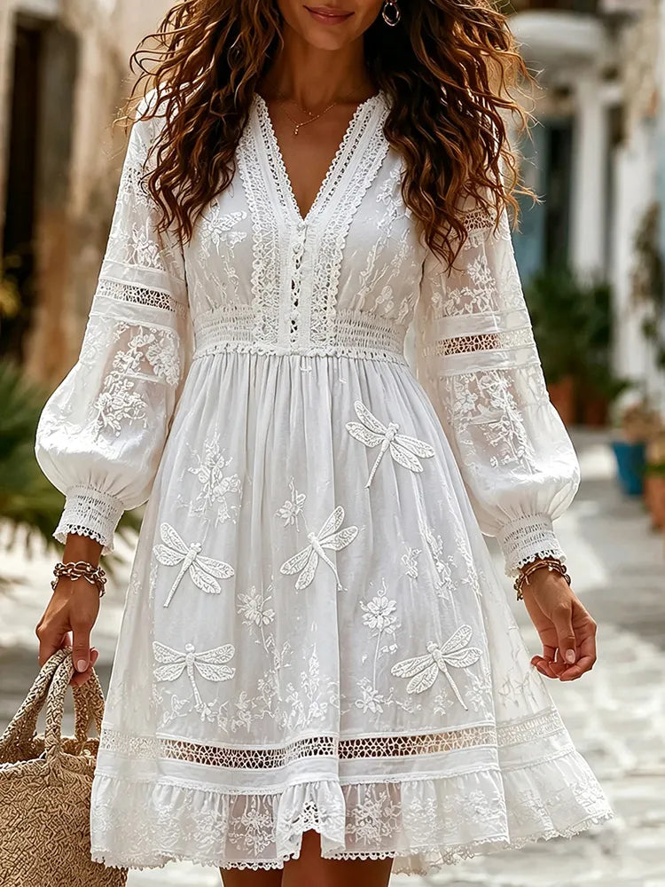 Women's Retro Hippie Style Floral Dragonfly Pattern Artistic Embroidery Linen Blend Dress
