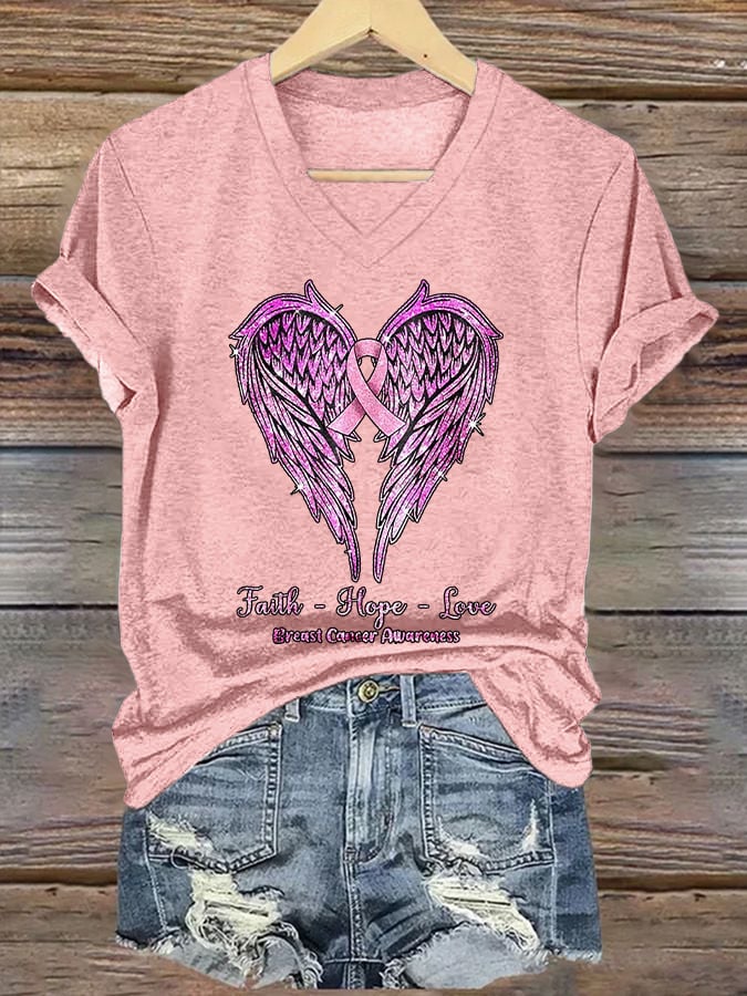 Women's Faith-Hope-Love Breast Cancer Awareness Printed Casual V-Neck T-Shirt
