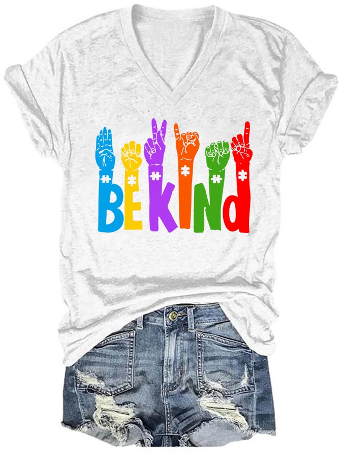 Women's Be Kind Print Autism Awareness V-Neck T-Shirt