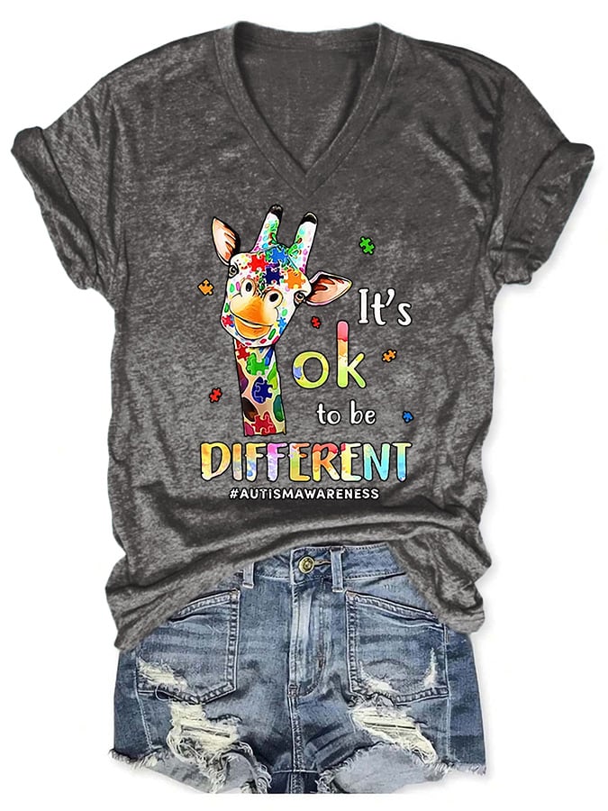 V-neck Autism Awareness Giraffe It's Ok To Be Different Print T-Shirt
