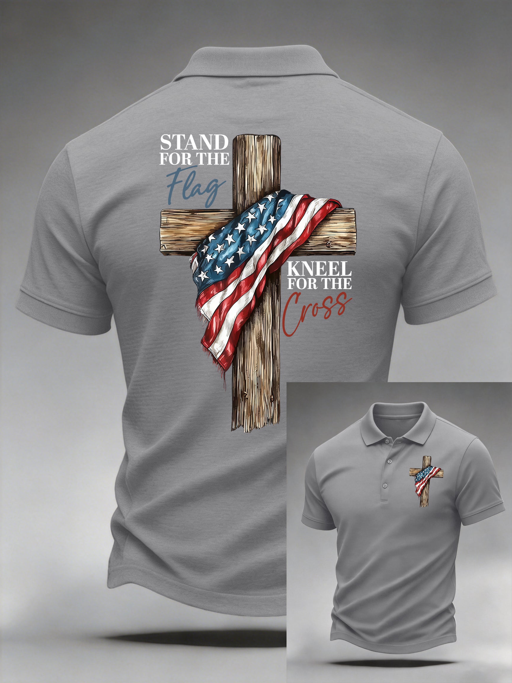 Men's Casual Stand For The Flag Kneel For The Cross Printed Polo Shirt