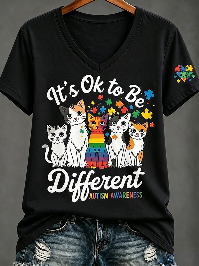 Women'S Casual V-Neck Top With Autism Awareness Print